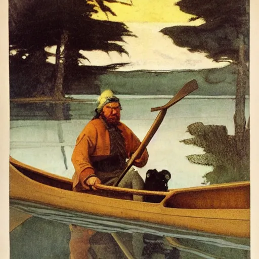 Image similar to fur trader in a canoe, 1 8 5 0. illustrated by n. c. wyeth.