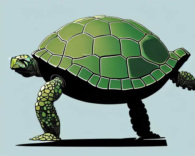 Prompt: a study of cell shaded cartoon of a mechanized turtle with a tank treads, and a human head, illustration, wide shot, subtle colors, post grunge, concept art by josan gonzales and wlop, by james jean, Victo ngai, David Rubín, Mike Mignola, Laurie Greasley, highly detailed, sharp focus, alien, Trending on Artstation, HQ, deviantart, art by artgem