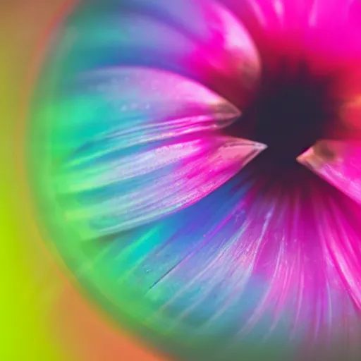 Image similar to An ultra high definition studio photograph of an alien flower in a simple vase on a plinth. The flower is multicoloured iridescent. High contrast, key light, 70mm.