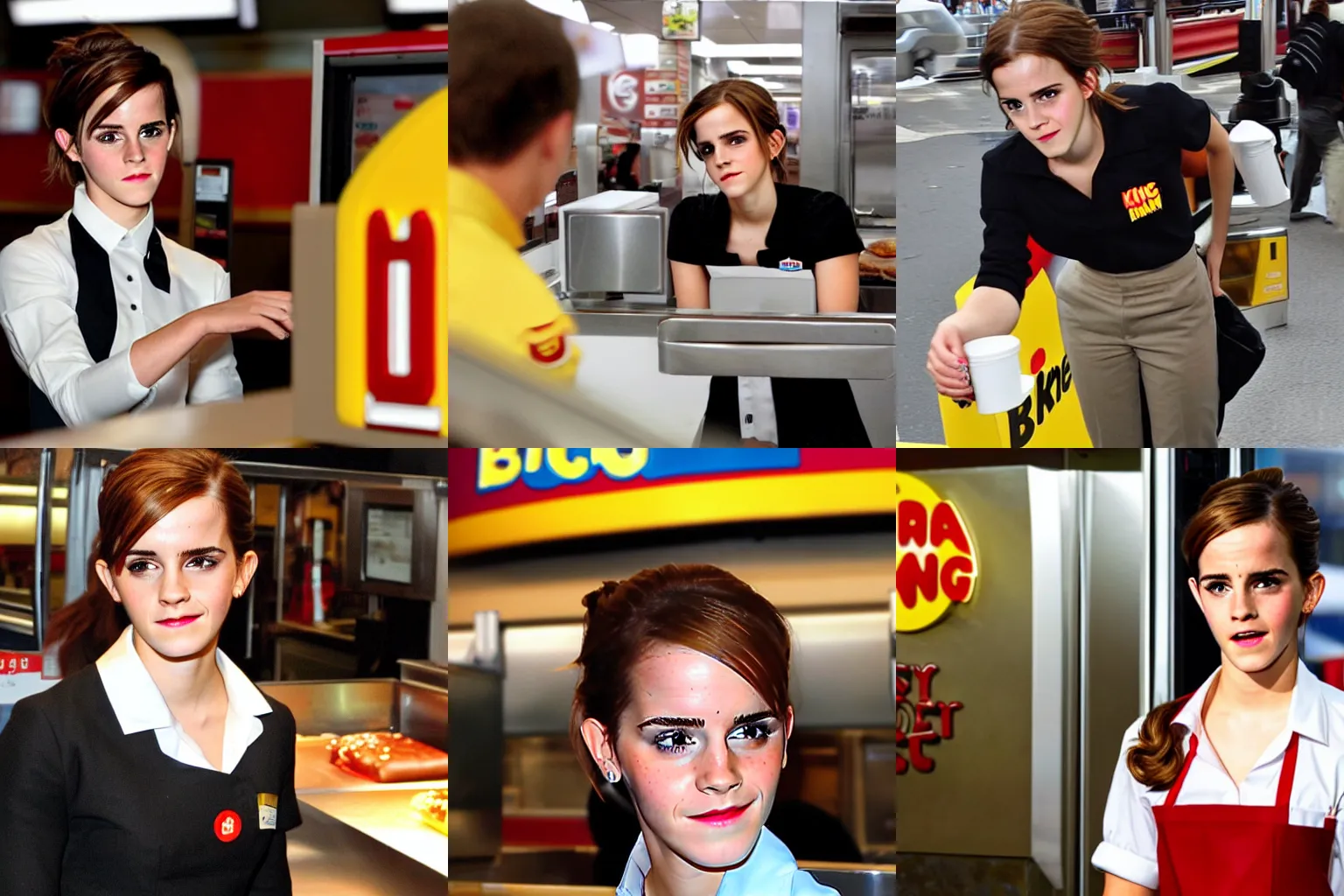 Image similar to a medium shot of Emma Watson as a Burger King employee working, annoyed facial expression, flash photography, candid photography