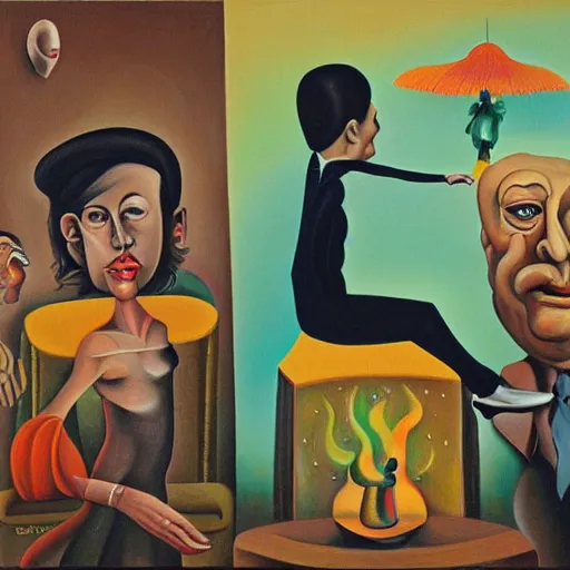 Prompt: surrealist painting of caricature of life on oil and canvas