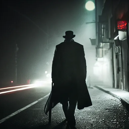 Prompt: a man wearing a trenchoat, walking down a dark street, neonoir, cyberpunk, Blade Runner inspired, film still