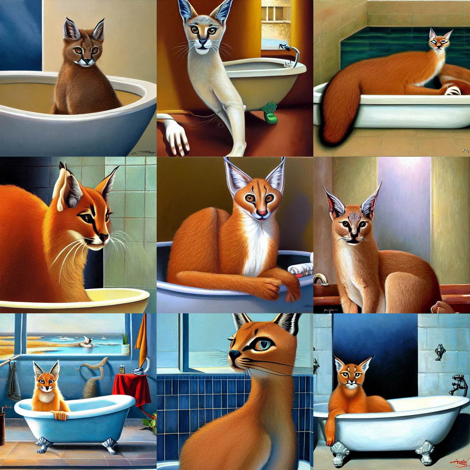 Prompt: cute caracal in bathtub, by Peregrine Heathcote