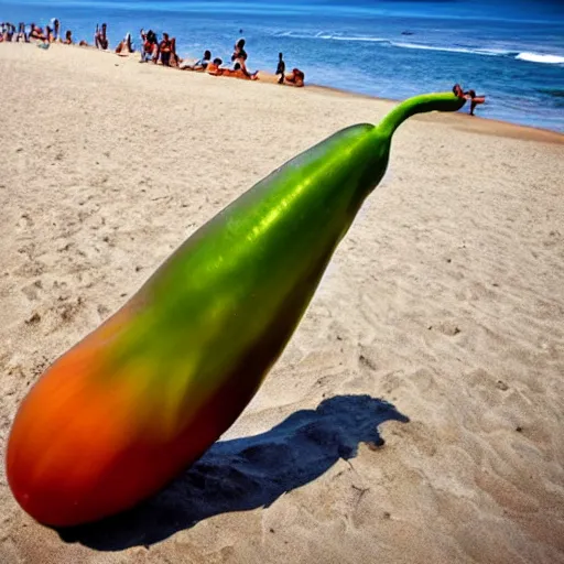 Image similar to huge eggplant sunbathing on the beach among people, photo,