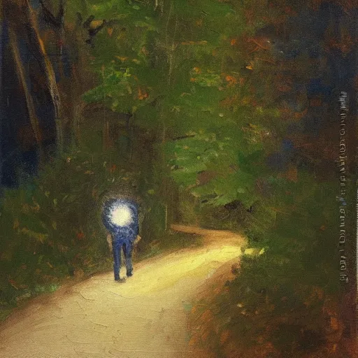 Image similar to A man walking on a path in the woods, he’s holding a flashlight, impressionist art