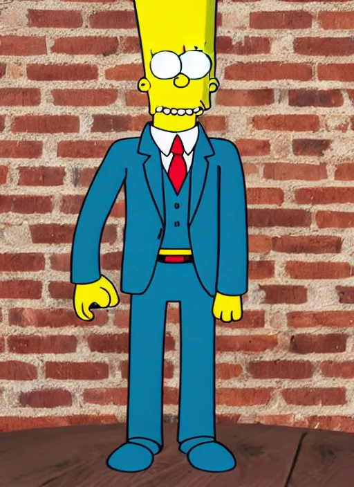 Image similar to bart simpson in business suit, is antique statue.