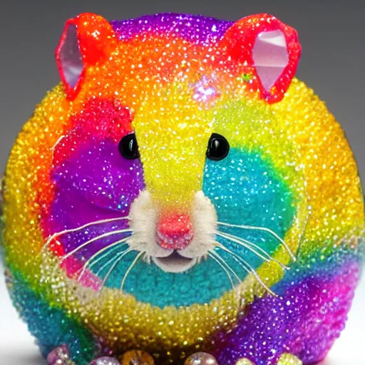 Prompt: rainbow hamster made out of chunky gems and crystals, sculpture, vibrant color, 8 k hd