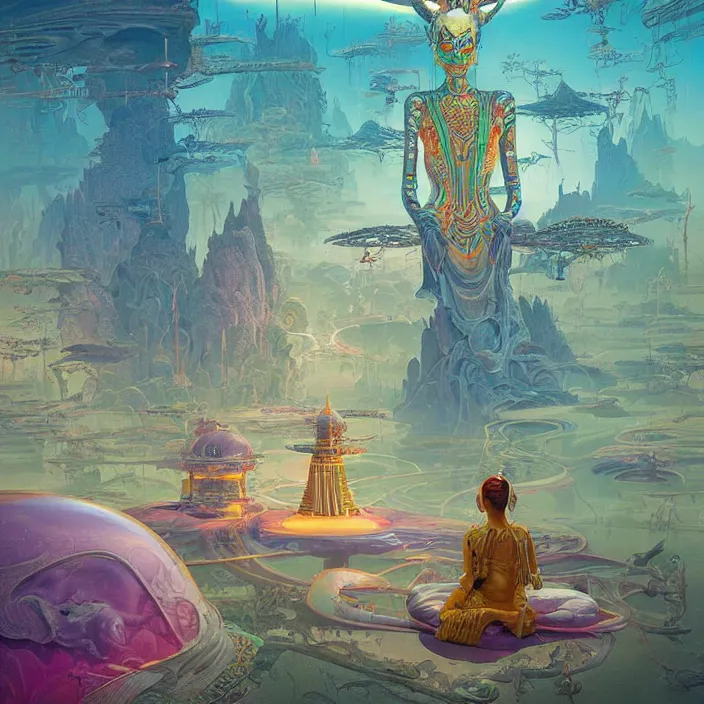 Image similar to thai princess, science fiction, extremely detailed, sharp focus, pastel colors, intricate, beautiful, illustration, volumetric lighting, digital painting, by roger dean, by simon stalenhag, by alex grey