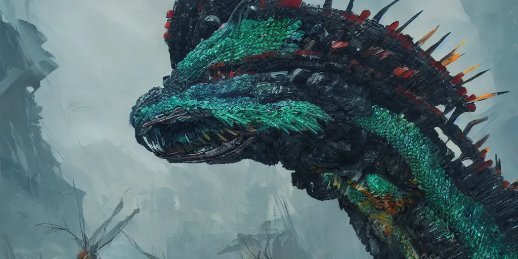 Image similar to detailed full body concept art illustration, oil painting on canvas of a quetzalcoatl, biomutant, dystopian, micro detail, octane render, 4K