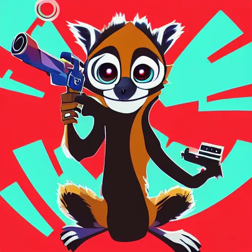 Image similar to “ logo of a lemur in the style of zootopia holding laser gun, with a black background, digital art, award winning, trending on art station, retro style ”