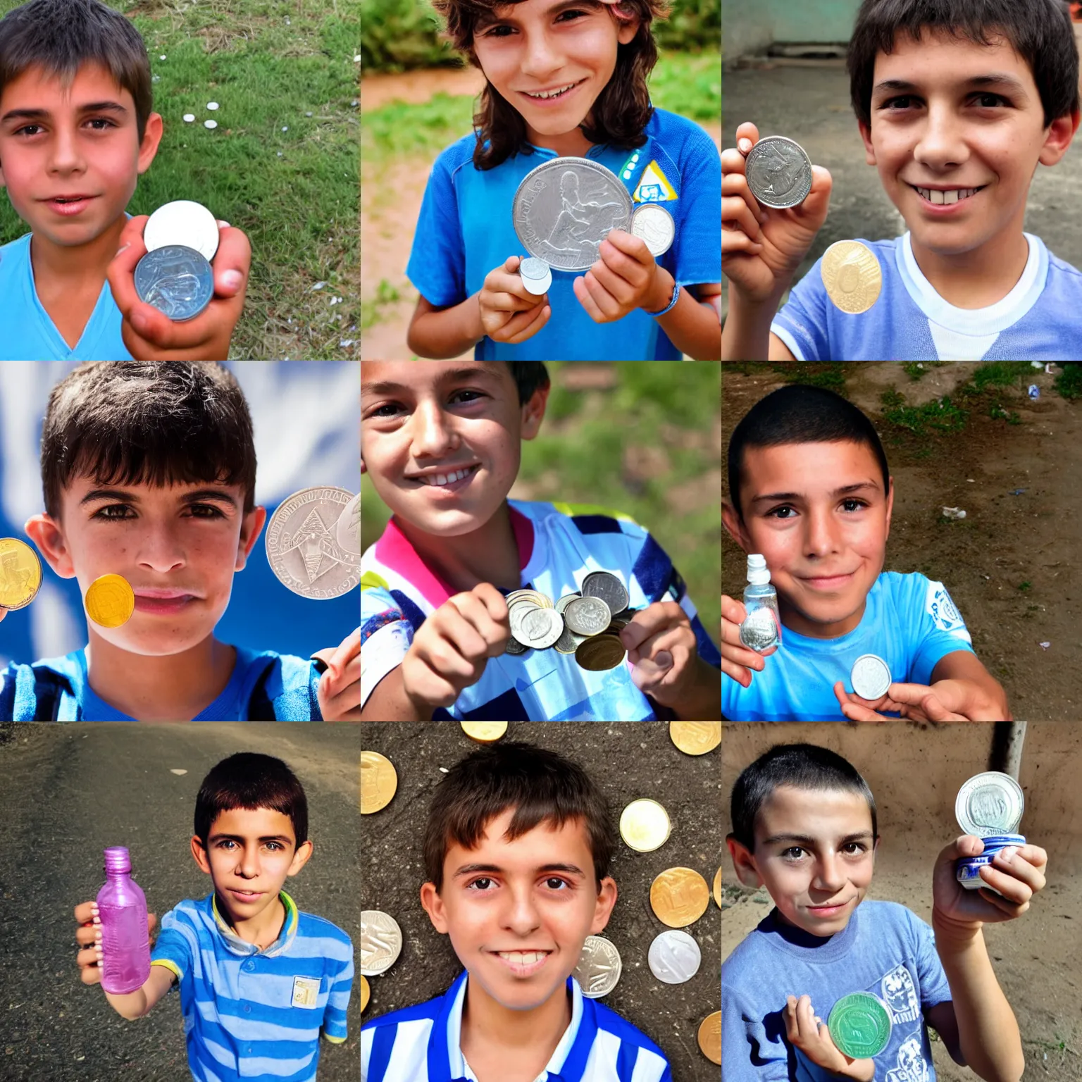 Prompt: a 1 0 year old argentina boy proudly holding a plastic bottle and some coins towards the camera