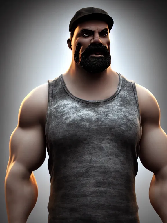 Image similar to strong man wearing a tanktop!!!! and a flat cap, by comic book artist eric powell, hand drawn, comic book, gritty, trending on artstation, ultra high detail, focused, unreal engine 5, octane render, glow