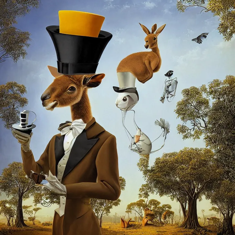 Prompt: kangaroo wearing a top hat, surrealist painting by igor morski, gediminas pranckevicius, beeple, ornament, porcelain, super - resolution, soft lighting, ray tracing global illumination, in a symbolic and meaningful style