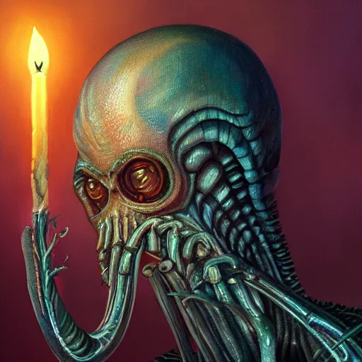 Image similar to ilithid mindflayer wearing headphones and playing synthesizers, glowing candles, elegant, intricate, digital painting, airbrush painting, artstation, sharp focus, illustration, by HR Giger,