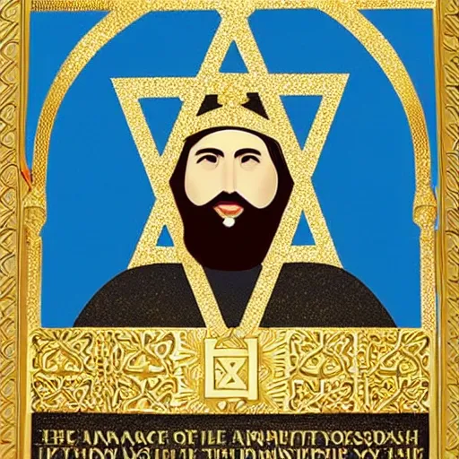 Prompt: orthodox jewish gilded golden star of david jewish poster advertisement. i am advertising a menorah. This menorah is golden and beautiful. Cheap price inexpensive advertisement poster! 2000s Kids Advertisement. Rabbi with curls.