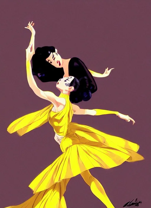 Image similar to a beautiful dancer in yellow with black hair in 1940's fashion, ballroom background, intricate, highly detailed, digital painting, artstation, official media, anime key visual, concept art, rich vivid colors, ambient lighting, sharp focus, illustration, art by Artgerm, Makoto Shinkai, Ilya Kuvshinov, Lois Van Baarle, and Rossdraws