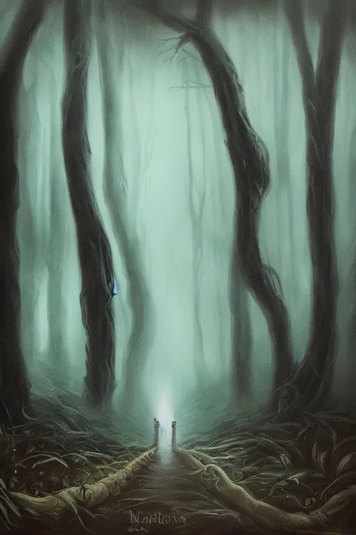 Image similar to dark haunted woods. pan's labyrinth style, atmospheric, foggy, oil painting on canvas. fairytale