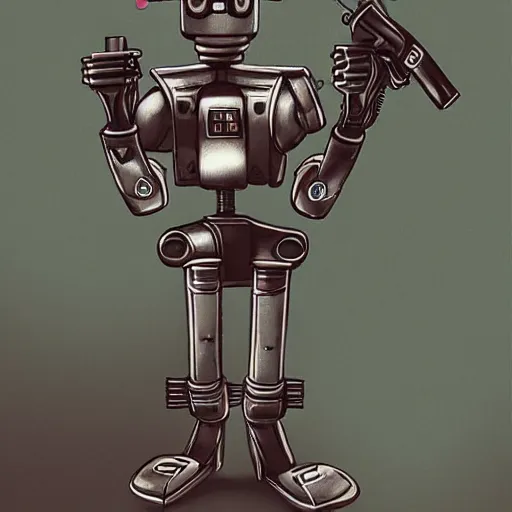 Prompt: a portrait of a robot holding a revolver, steampunk