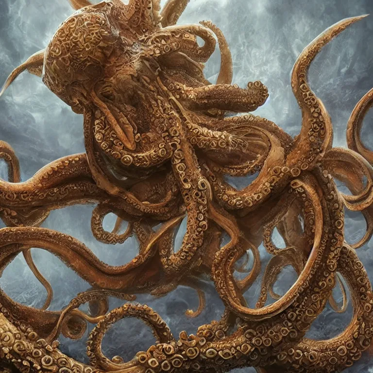 Image similar to a dramatic and beautiful digital matte painting of large realistic octopus with legs made of fractal celtic knots, trending on cgartist, hi-fructose, mandala, ultra detailed 8k