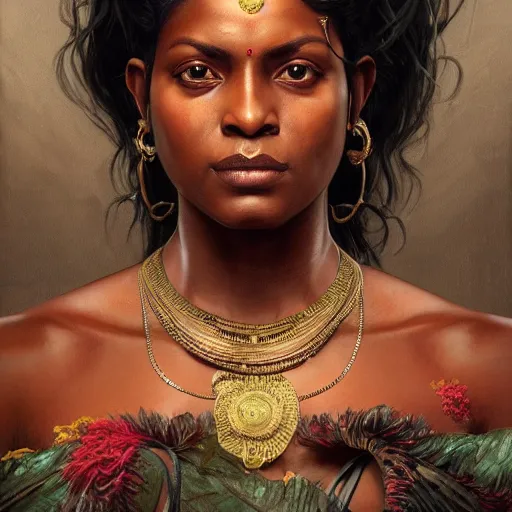 Image similar to wide angle portrait painting of a black muscular south indian woman, sari, ultra realistic, concept art, intricate details, eerie, horror, highly detailed, photorealistic, octane render, 8 k, unreal engine. art by artgerm and greg rutkowski and alphonse mucha