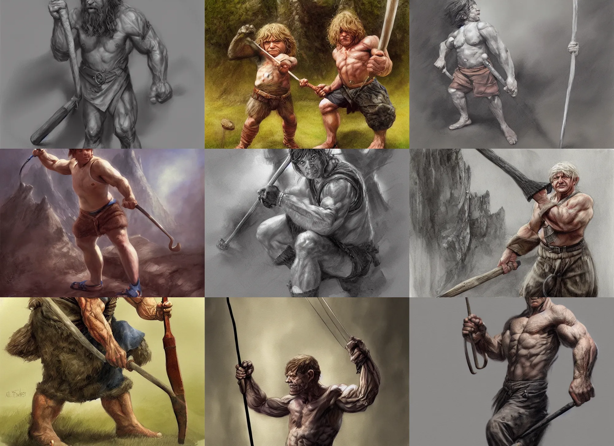 Prompt: a muscular hobbit holding a club by alan lee, digital painting, artstation
