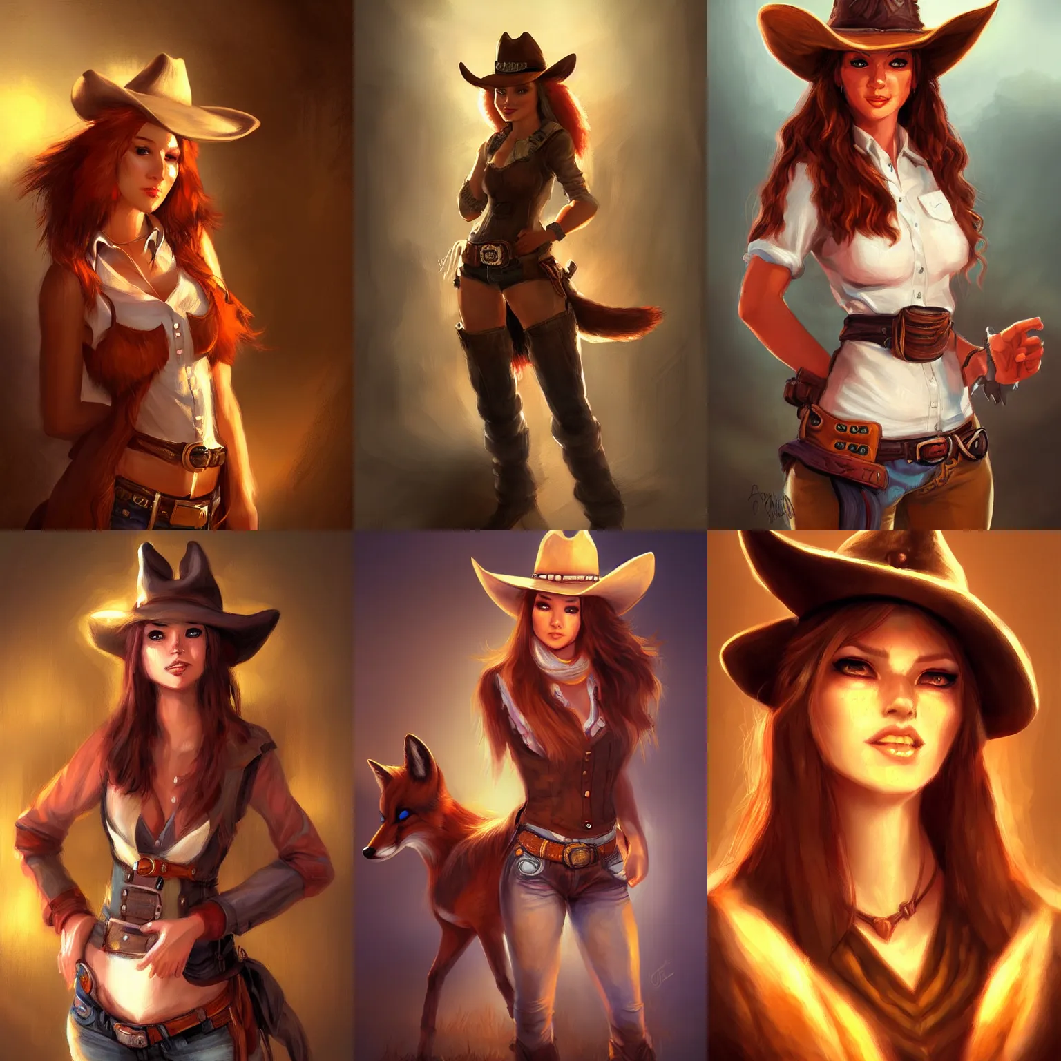 Prompt: cowgirl fox, fantasy, art station, concept art, portrait, light