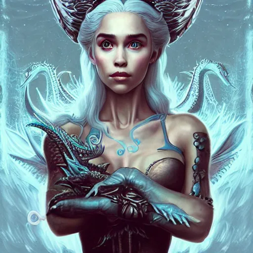 Image similar to Lofi BioPunk portrait daenerys targaryen with three dragons, Pixar style by Tristan Eaton Stanley Artgerm and Tom Bagshaw