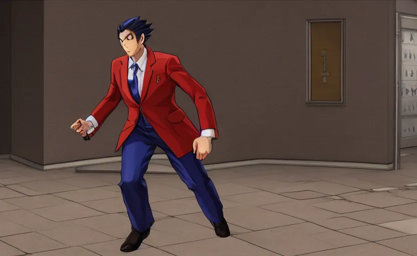 Prompt: Phoenix Wright from Capcom's Ace Attorney video game in real life, photorealistic, 8K, highly detailed