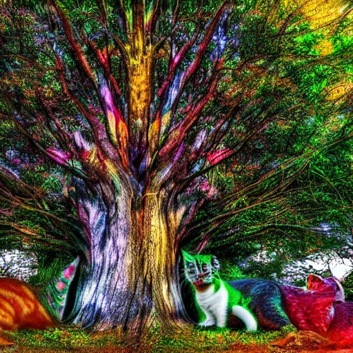 Prompt: Giant Tree Filled with multicolored cats HDR