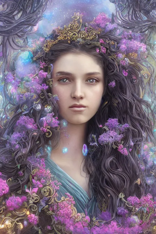 Image similar to elaborately detailed close up portrait of an extremely beautiful girl with long dark hair surrounded by flowers, an eerie mist and ethereal rainbow bubbles, Aetherpunk, high fantasy professionally painted digital art painting, fantasy matte painting movie poster, Art Nouveau, smooth, sharp focus, atmospheric lighting, highly detailed illustration highlights, backlight, golden ratio, 8K detail post-processing, symmetrical facial features, rich deep moody colors, majestic, dark epic fantasy, award winning picture, sense of awe, featured on DeviantArt, trending on cgsociety