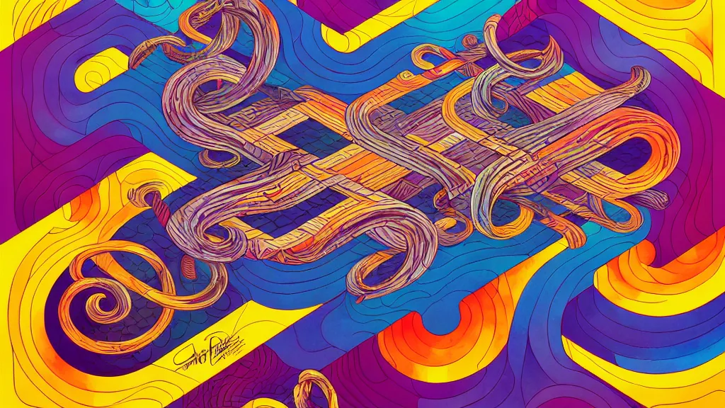 Prompt: twisted turn of fate abstraction, centered award winning ink pen illustration, isometric abstract illustration by dan mumford, edited by craola, tiny details by artgerm and watercolor girl, symmetrically isometrically centered