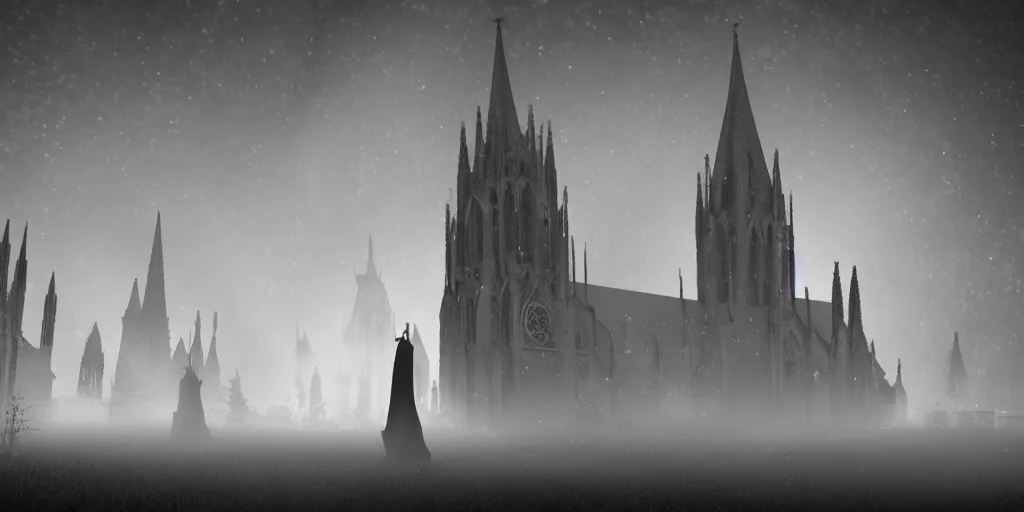 Image similar to a huge delicate metal Sundial in the moonlight, Behind the tall and delicate gothic church at night, with ghosts floating in the foreground, light through the mist, dramatic lighting, photorealistic, cinematic lighting, high detail, cinematic feel, high octane, 4K, Unreal Engine, digital render, intricate, ultra realistic