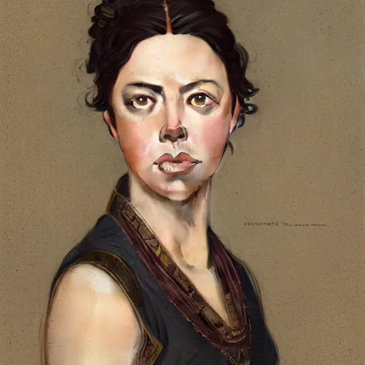 Prompt: Aubrey Plaza as a noble in the Roman period, intricate, highly detailed, digital painting, artstation, concept art, sharp focus, illustration, art by greg rutkowski and alphonse mucha