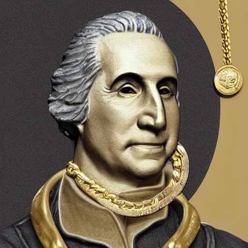 Prompt: a closeup photorealistic illustration of a happy George Washington holding wearing a chain around his neck with a small gold Doubloon coin as a necklace. This 4K HD image is Trending on Artstation, featured on Behance, well-rendered, extra crisp, features intricate detail and the style of Unreal Engine.