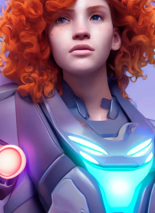 Image similar to glowwave portrait of curly orange hair girl as a agent, au naturel, hyper detailed, digital art, trending in artstation, cinematic lighting, studio quality, smooth render, unreal engine 5 rendered, octane rendered, art style by pixar warner bros dreamworks disney riot games and overwatch