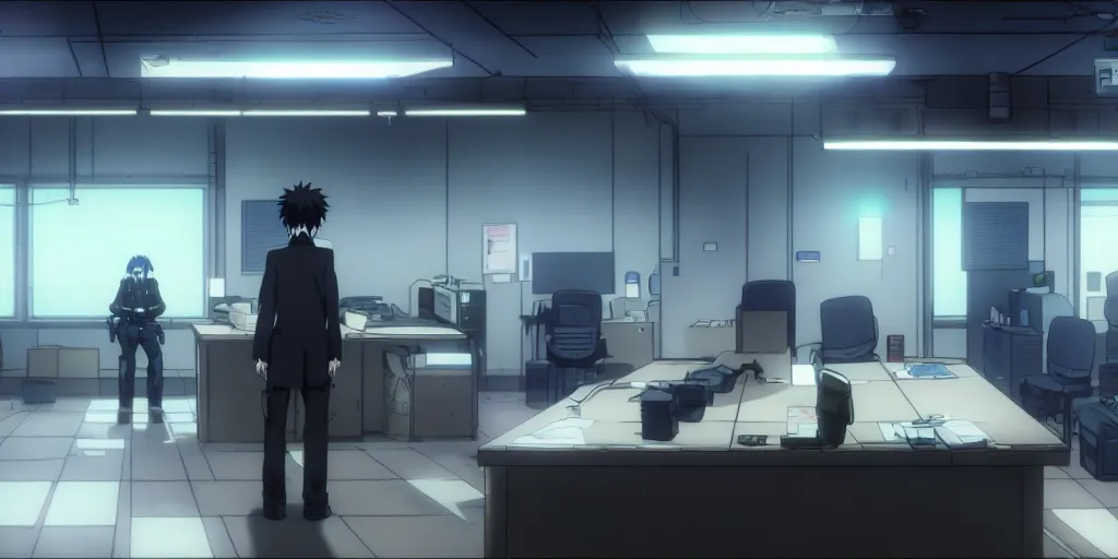 Image similar to an empty after hours cyberpunk police office office in the cyberpunk anime film, Shichiro Kobayashi, screenshot in the anime series ergo proxy ergo proxy ergo proxy and Detroit metal city, interior