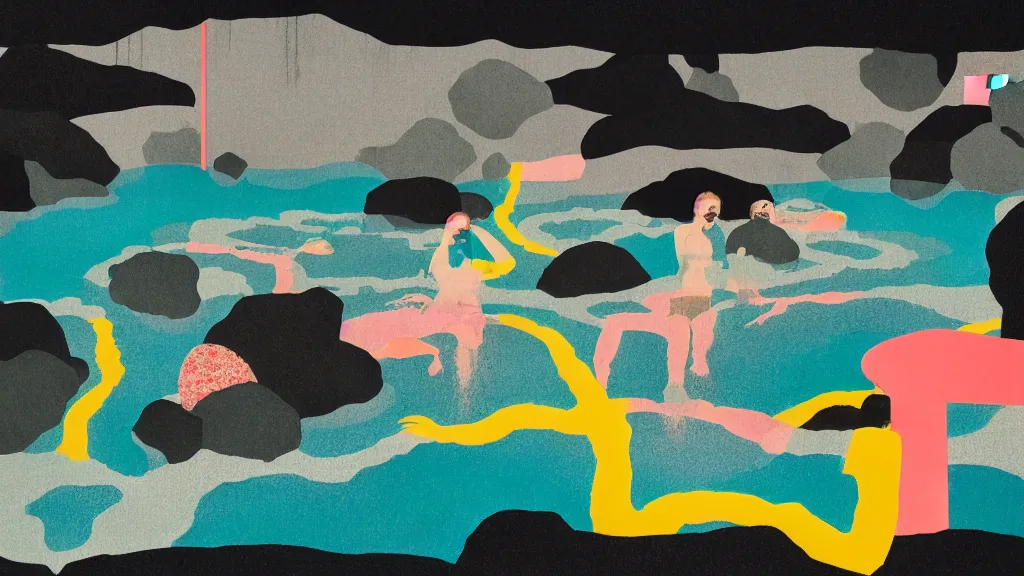 Image similar to japan natural hot spring, a collage painting, in the style of wes anderson, lola dupre, david hockney, isolated on negative white space background dark monochrome neon spraypaint accents volumetric octane render