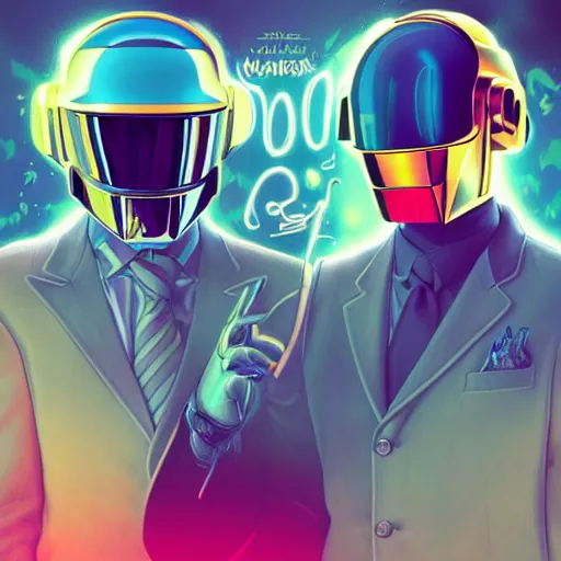 Prompt: daft punk but they're little kids, mucha, mayhem, illustration, by James Jean, artgerm, octane render, by John Coltrane and Marc Simonetti, Manic, inspired by Greg rutkowski, colorful, studio lighting, high detail of the face, full body