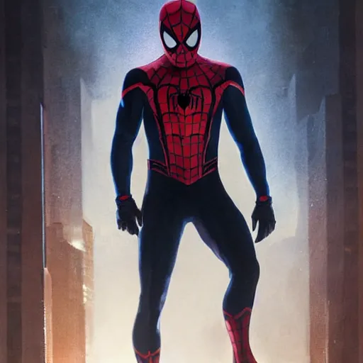 Image similar to ryan reynolds as spider - man, wearing a black and blue suit, cinematic, volumetric lighting, f 8 aperture, cinematic eastman 5 3 8 4 film, photorealistic by greg rutkowski, by stanley artgerm, by alphonse mucha