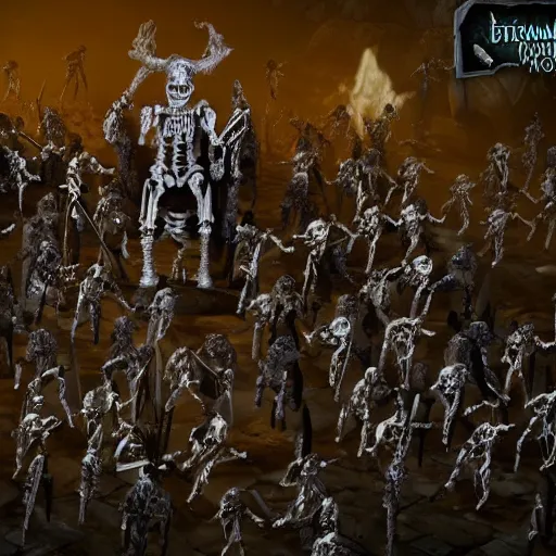 Prompt: necromancer with an army of skeleton warriors, cinematic lighting, photography