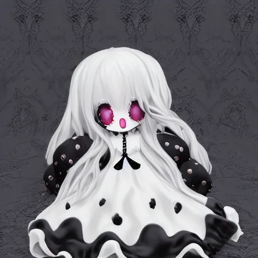 Image similar to cute fumo plush of a cursed floating blob of dark ichor vaguely in the shape of a cute girl, amorphous, inky blackness, fluid simulation melting, gothic dress with lace, black and white, horror, vray