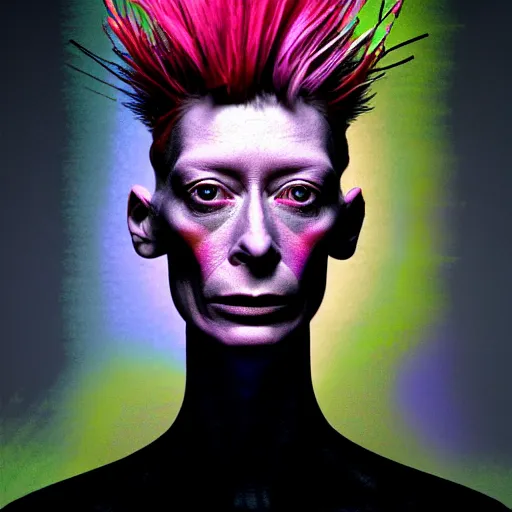 Image similar to a realistic octane render physically based rendering punk neon tilda swinton, trending on artstation, by archan nair and marlene dumas, intricate details, flowers, in the style of frank auerbach, in the style of martin ansin, in the style of david aja, by kandinsky