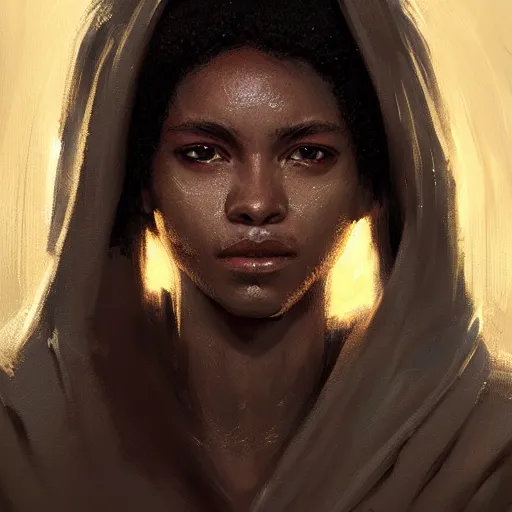 Image similar to portrait of a woman by greg rutkowski, young jedi knight, black, afro hair, pretty, star wars expanded universe, she is about 2 0 years old, wearing jedi robes, highly detailed portrait, digital painting, artstation, concept art, smooth, sharp foccus ilustration, artstation hq