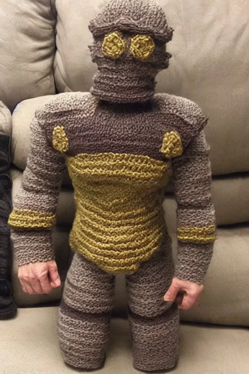 Image similar to knitted power armor from fallout lies on the couch