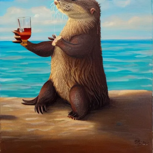 Image similar to An otter dressed as a pirate sitting on a beach drinking rum, oil on canvas painting