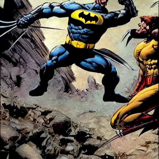 Prompt: wolverine vs batman by frank frazetta