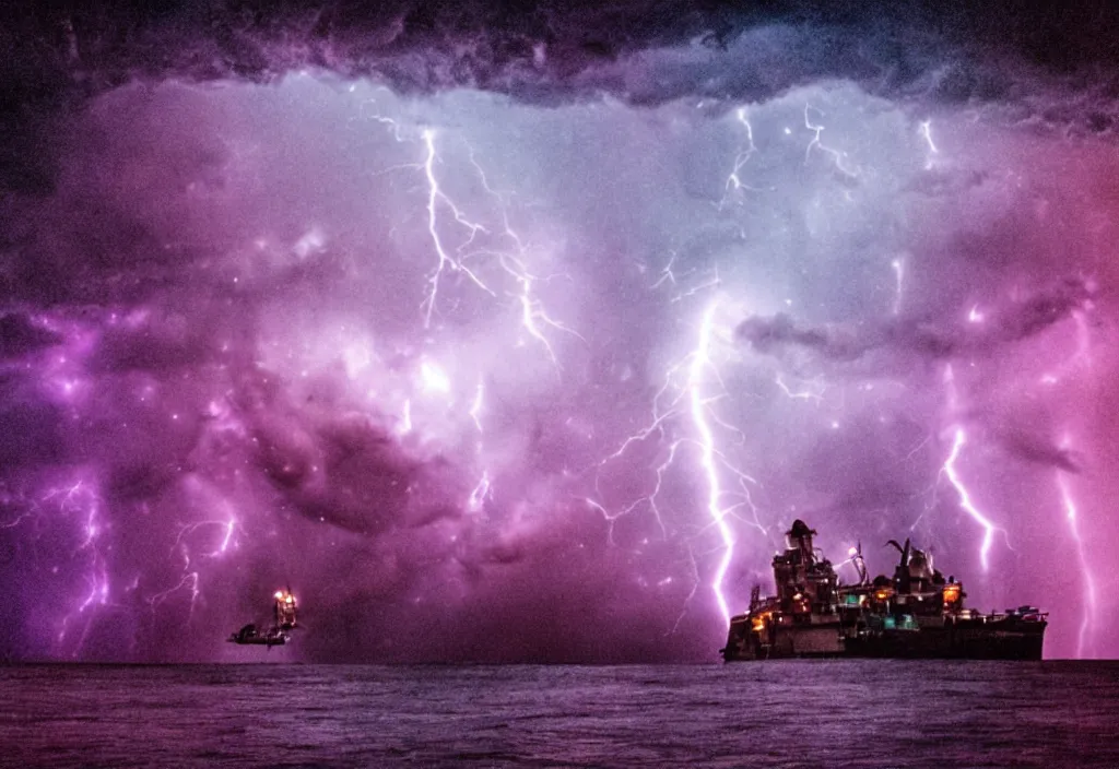 Image similar to purple color lighting storm with stormy sea,pirate ship firing its cannons with a water spout in the background. trippy nebula sky 50mm shot, fear and loathing movie