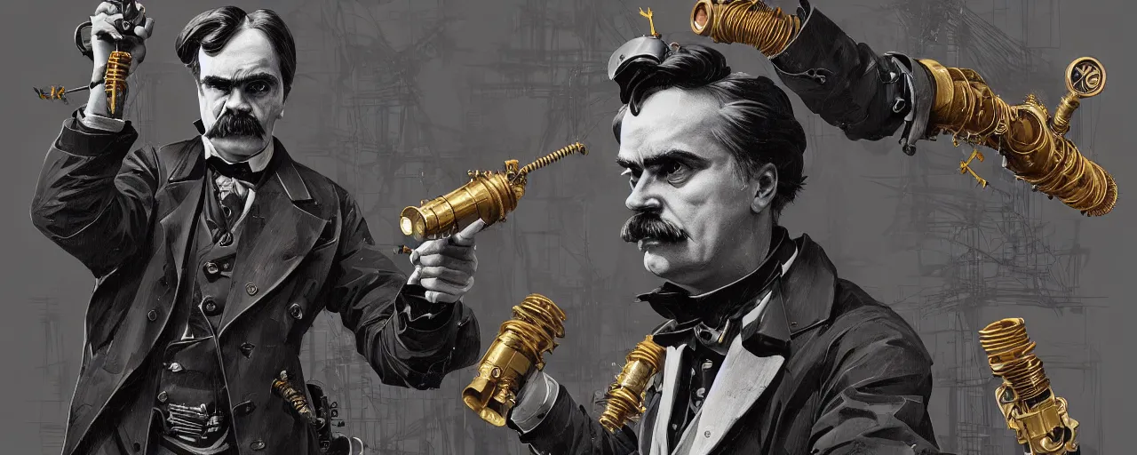 Image similar to duotone dark concept illustration 3 / 4 portrait of friedrich nietzsche as steampunk cyborg holding dynamite. highly detailed mechanism cinematic lighting. fibonacci golden ratio accidental renaissance. by sachin teng and sergey kolesov and ruan jia and heng z. graffiti art, scifi, fantasy, hyper detailed. octane render. concept art. trending on artstation