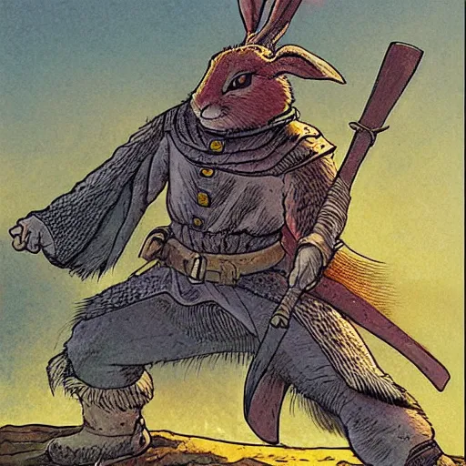 Prompt: brave medieval warrior rabbit by James Gurney and Mœbius.