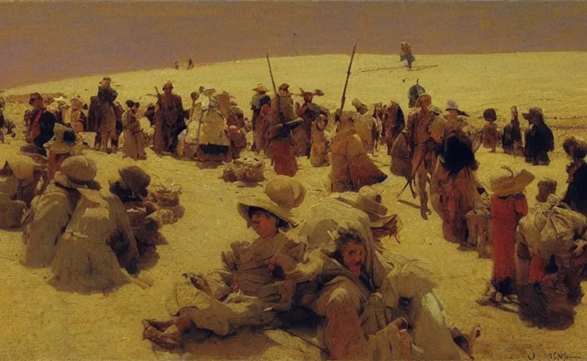 Prompt: high quality high detail painting by ilya repin, a long row of people in the desert, hd